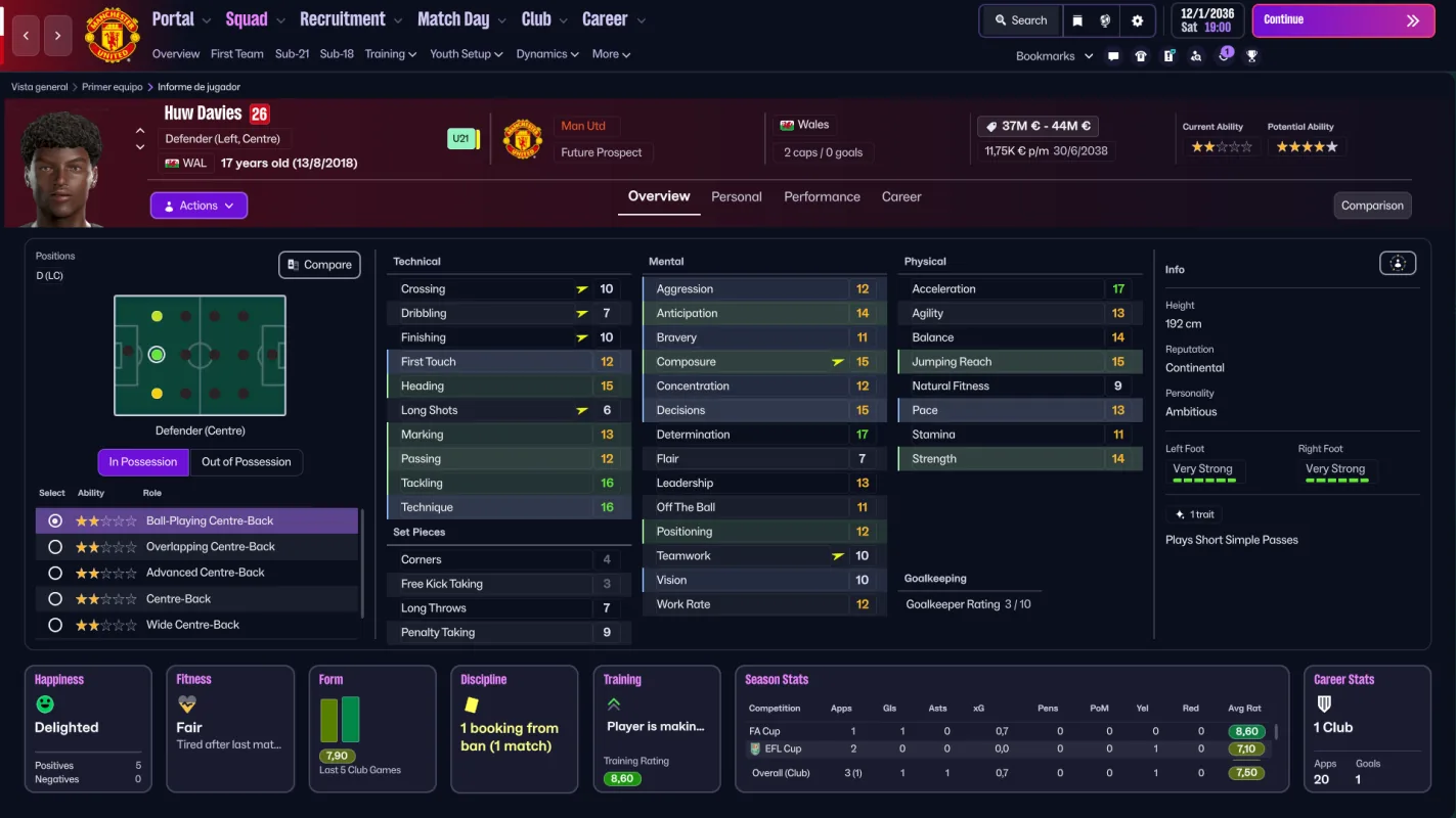 Huw Davies FM26 regen profile screenshot: 17, CB (L), Man Utd
